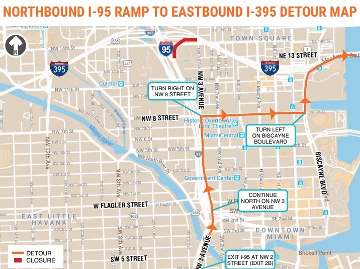 Map of a detour for the February 25-26, 2024 closure of I-395 in Miami